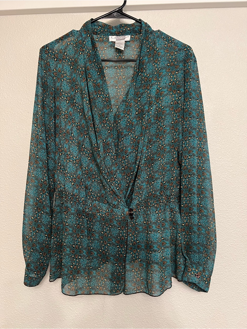 EK Designs Teal and Brown Printed Wrap-Style Blouse